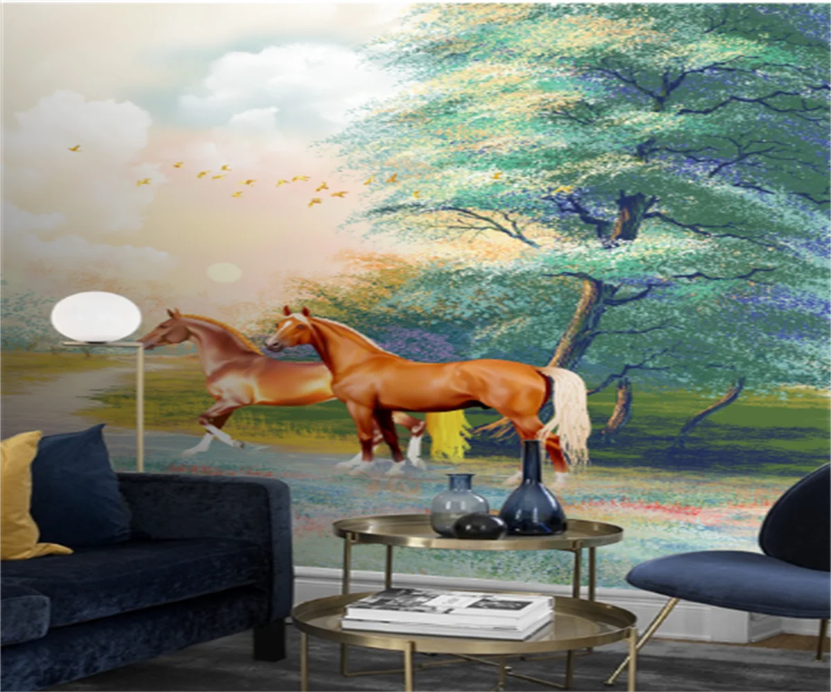 Modern hand-painted fashion forest background wall mural 3D grass horse porch wallpaper home decoration custom photo mural