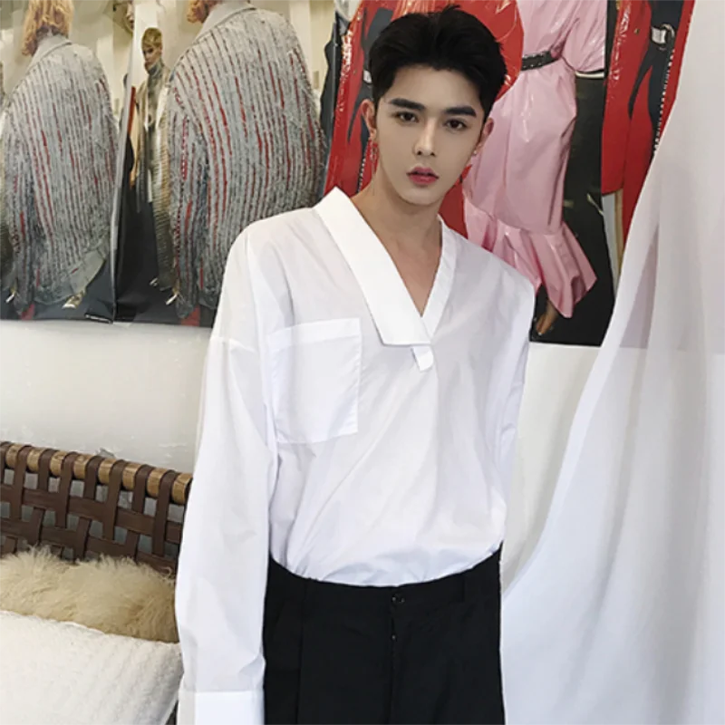 

Men's V-neck Pullover Pocket Fashion Casual Loose Large Shirt Pure Color Long Sleeve Formality Harajuku Street Shirt