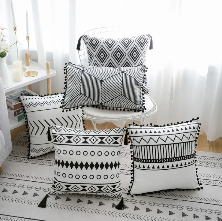 Black White Velvet pillowcase cushion pillow sham with Tassels Geometric Decorative Pillow ( not include pillow core ) 45x45CM