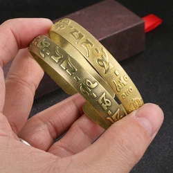 Nepal Handmade Vintage Brass Bracelet Six-word Mantra Men and Women Tibetan Buddhist Sutra Engraved Lucky Open Bangles Jewelry