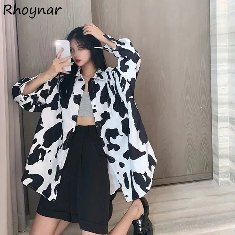 

Shirts Women Cow-pattern Cool Comfort Design Simple Fashionable Ulzzang Street Style Turn-down Collar Autumn Students Vintage BF