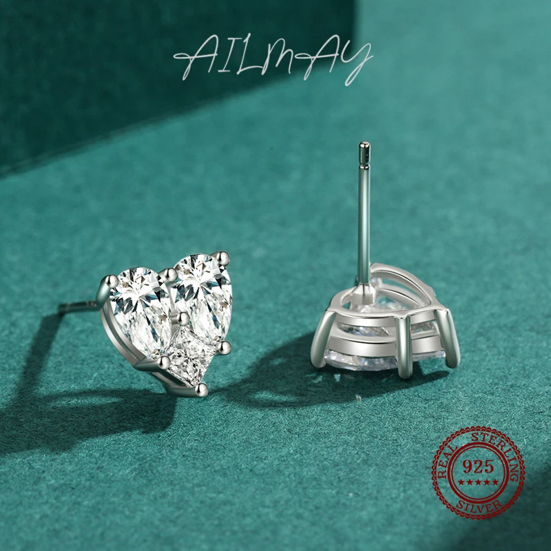 Ailmay 100% 925 Sterling Silver Luxury Elegant Love Heart Shape Stud Earrings for Women Cubic Zirconia Fashion Party Jewelry