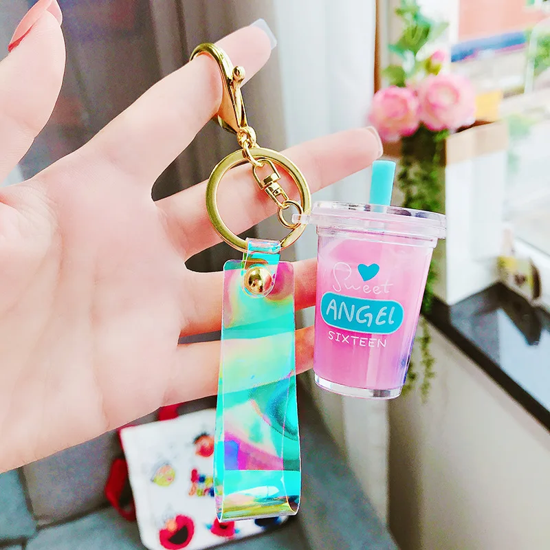 Creative Mini Soft Drink Keychain Milk Tea Beverage Bubble Tea Keyring Moving Liquid oil Drop Decompression Keyfob Jewelry Gift