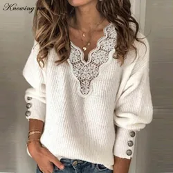 Women Lace patchwork Sweaters 2020 Autumn Buttons knit pullovers Elegant Winter Sexy V Neck Knitted sweater tops jumpers 5XL