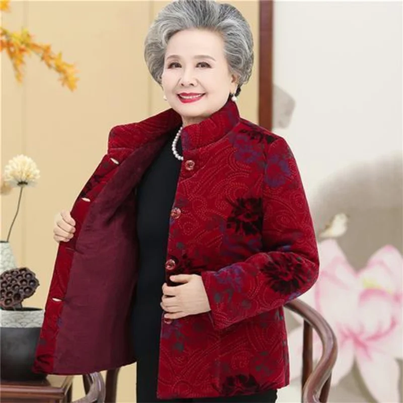 Grandma\'s Winter Coat Corduroy Clothes Female Middle-Aged And Elderly Thicken Mother Autumn Coat Cotton-Padded Jacket Print