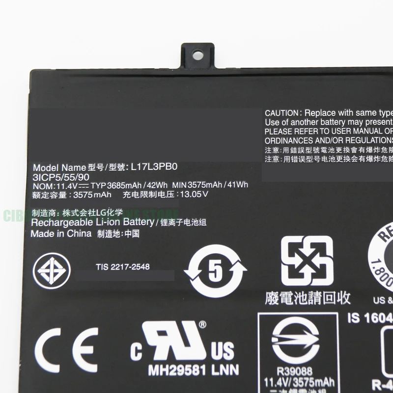 CP New Laptop Battery L17L3PB0 11.4V/42WH/3685mAh L17M3PB0 L17C3PG0 For Chromebook 500E-81es,100e-81ER Series Notebook