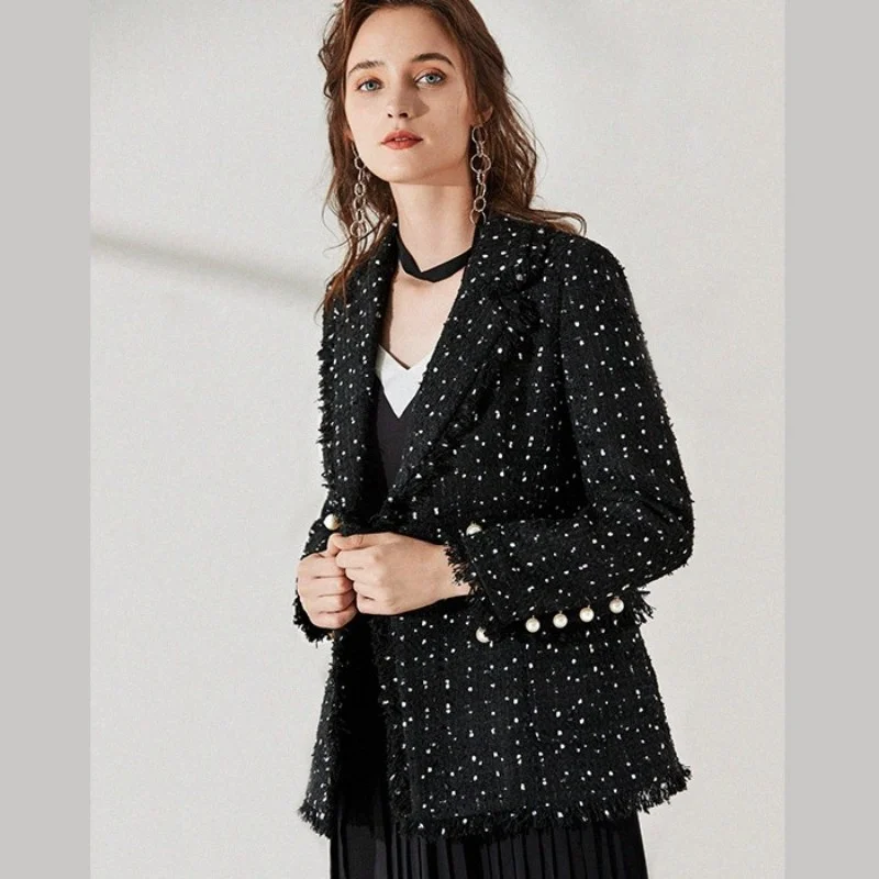 Manteau de luxe pour femmes, Slim, petits manteaux parfumés, dames, bureau, veste de bureau perlée en Tweed, vêtements d'extérieur à points noirs