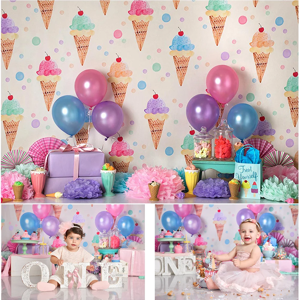 Mocsicka Girls 1st Birthday Cake Smash Photography Backdrops Pink Ice Cream Balloon Decor Photocall Background Photo Studio