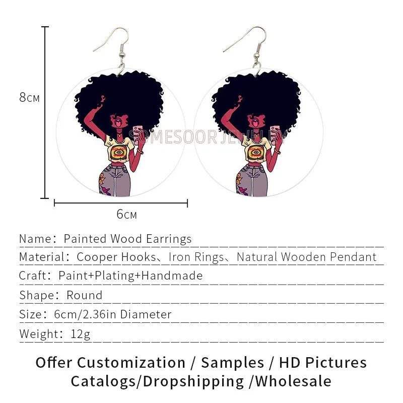 SOMESOOR Black Afro Girl Rock Painting Wooden Drop Earrings African Natural Hair Design Big Round Loops Jewelry For Women Gifts