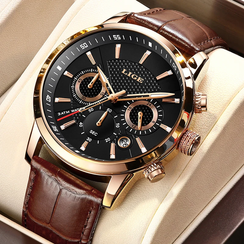 LIGE Luxury Brand Sport Watches for Men Leather Watch Waterproof Wristwatch Man Clock Fashion Chronograph Relogio Masculino +Box