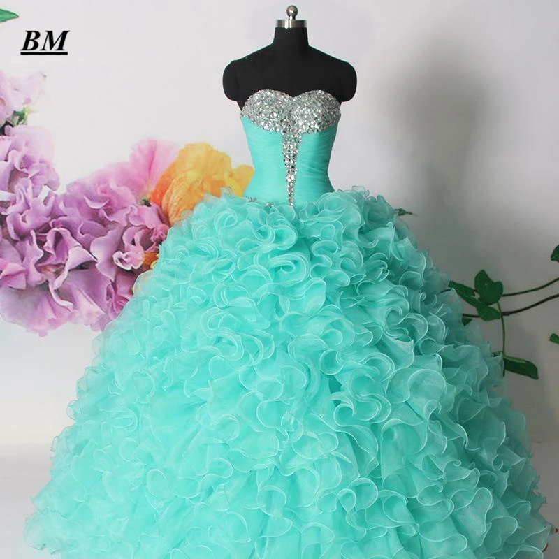 2021 neueste Mint Grün Quinceanera Kleider Ballkleid Perlen Süße 16 Kleider Formales Abschlussball-partei-kleid Vestido De 15 Anos BM132