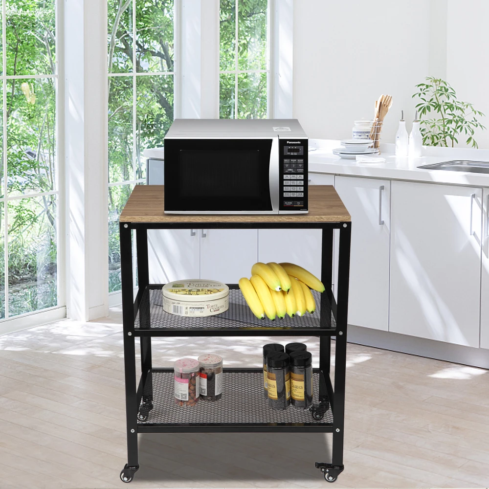 3-Tier Kitchen Microwave Cart Standing Bakers Rack Storage Cart Rolling File Utility Cart Metal Frame for Living Room[US-Depot]