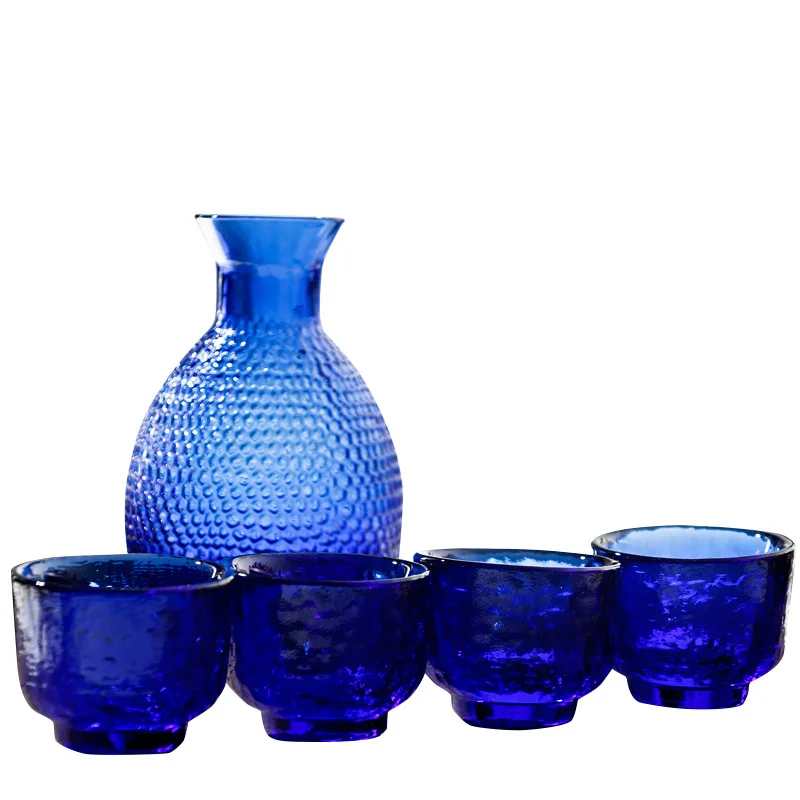 New Style Blue 1 Pot 4 Glass Cup Wine Set Hammer Mesh Pattern Sapphire Blue Glass Hip Flask Bar Set Wine Bottle Wine Decanter