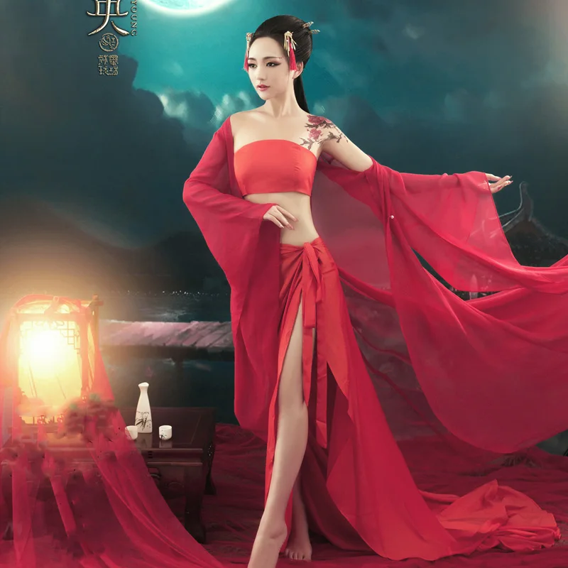 WYJN Red Bedroom Sexy Privacy Photography Album Sleeping Wear Temptation Intimacy Tang Dynasty Costume Stage Show NightBar Hanfu