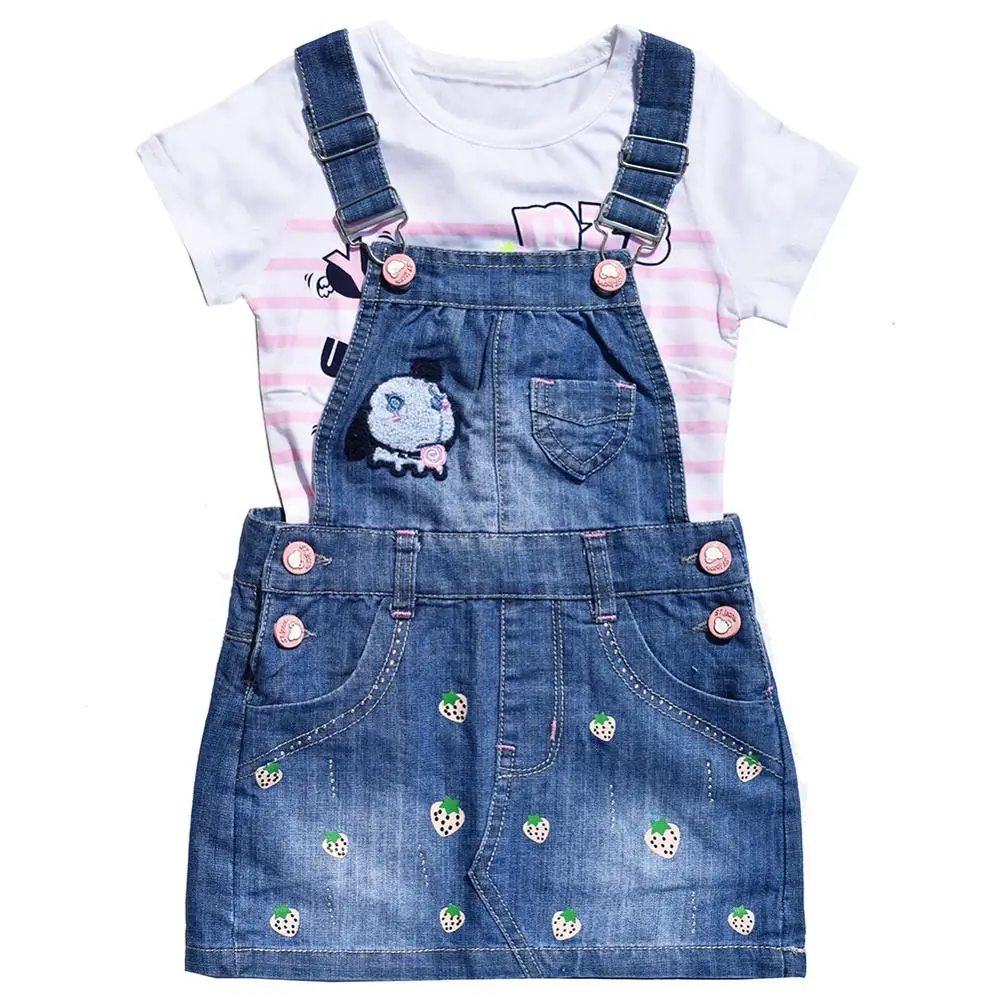 4-7T Summer Children Kids Little Girls t Shirt and Thin Romper Skirts Denim Skirt Jeans Cotton Denim Bib Shorts Rompers