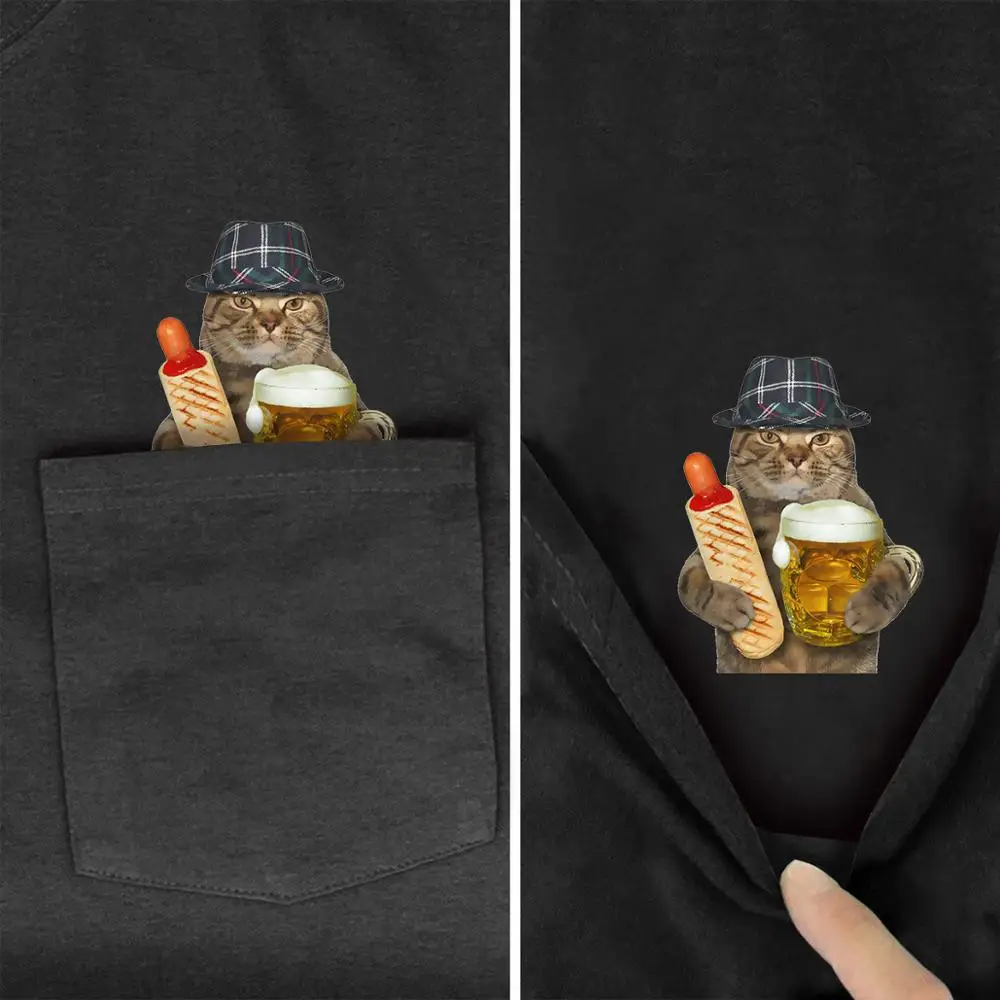 Funny beer cat and pizza animal Printed In Pocket T Shirt Black Cotton Men Fashion Short sleeve Unisex Summer Cotton t shirt