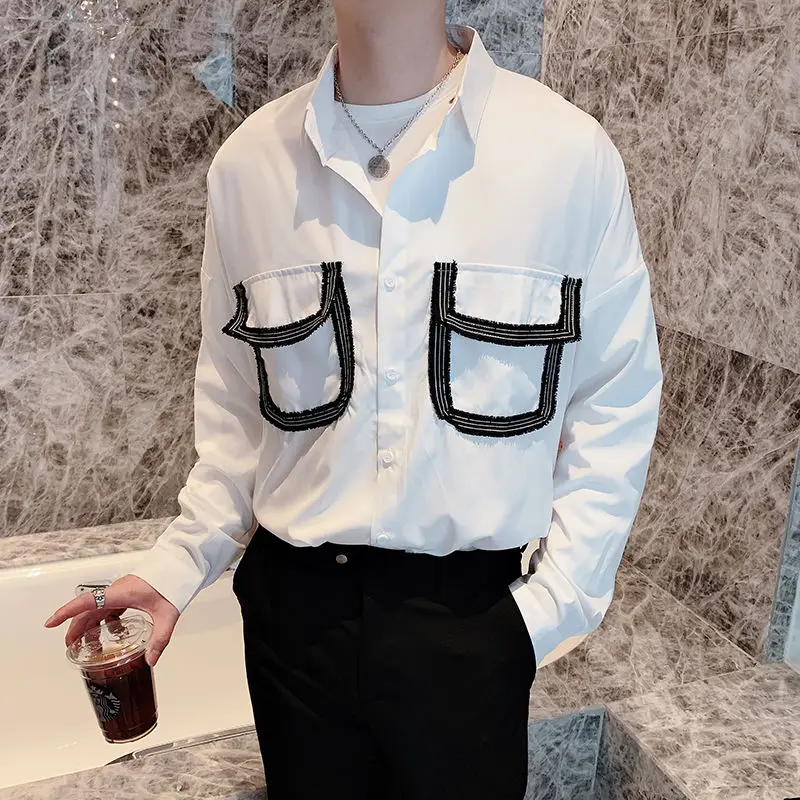 Style Men Korean Black Splice Long Sleeve Casual Shirt Male Japan Korea Harajuku Streetwear Vintage Fashion White Shirt Men