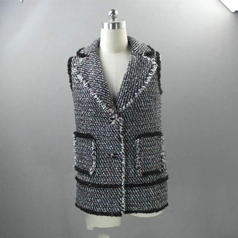 Tweed Gray Sleeveless Jacket Custom Spring Autumn New Womens Tweed Jacket Ladies Straight Slim Fit Vest Tassels Suits Waistcoat