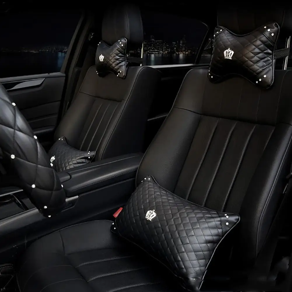 Universal PU Leather Car Pillows Diamond Rhinestone Auto Interior Neck Headrest Seat Support Waist Pillow Car Accessories