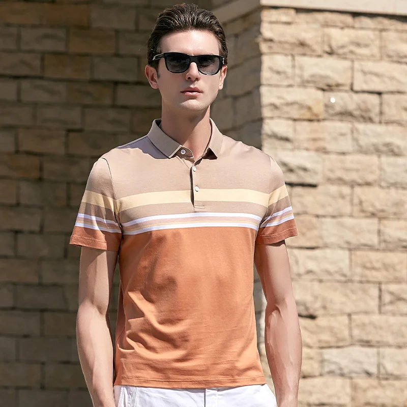 

Short Sleeve Men's Business Casual Polo Shirt Men Yellow Striped Poloshirt Brand Polos Hombre Slim Fit Collar Top Tee Streetwear