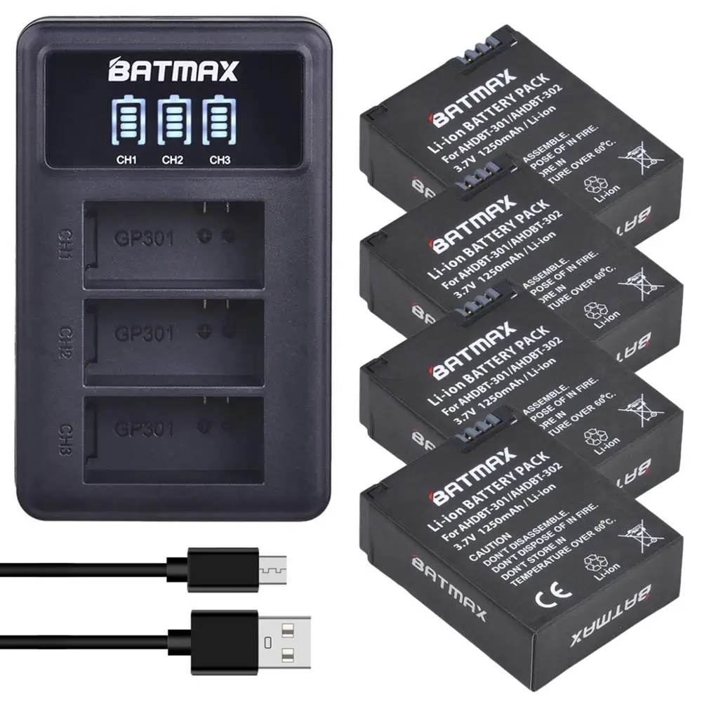 Batmax AHDBT-301 AHDBT-302 Go Pro 3 Bateria 1250 mAh + LED 3 gniazda USB Ładowarka do kamery akcji Gopro Hero3 Gopro Hero3+