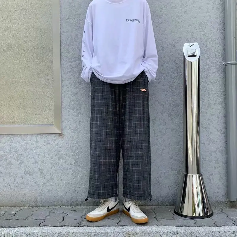 Trendy Plaid casual pants autumn new fashion wide leg pants men's loose legged Capris