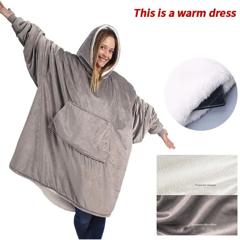 Winter Warm TV Blanket with Sleeves Big Pocket Fleece Family Sherpa Hoodies Oversized Flannel Soft Hooded Robe Blankets Pullover