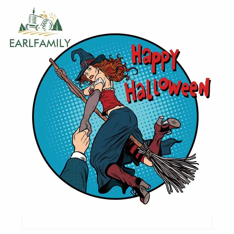 EARLFAMILY 13cm x 12.4cm for Happy Halloween Witch on A Broomstick DIY Motorcycle Car Stickers Fashion Occlusion Scratch Decal