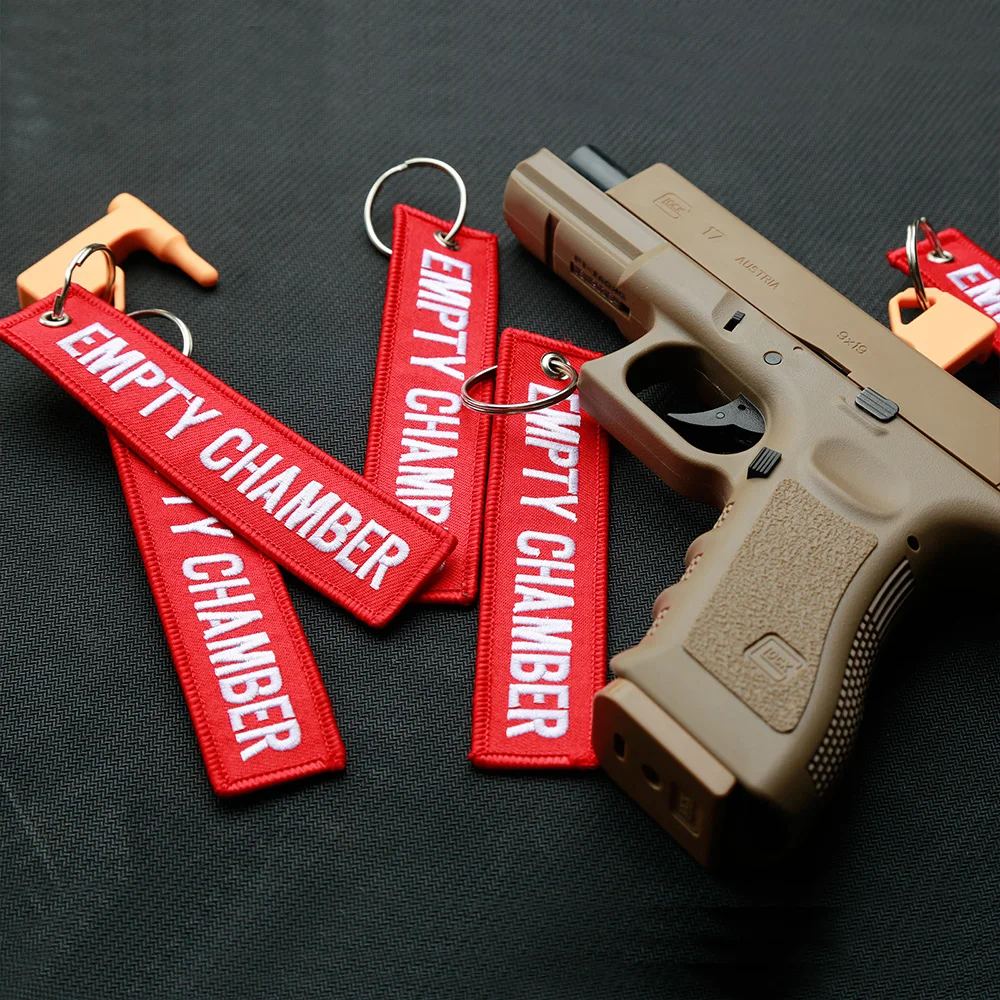 6 Pcs Empty Chamber Key Chains Aviation Safety Tag Indicator Red Double Sided Letter Embroidered Key Fobs Flags Loop Key Chain