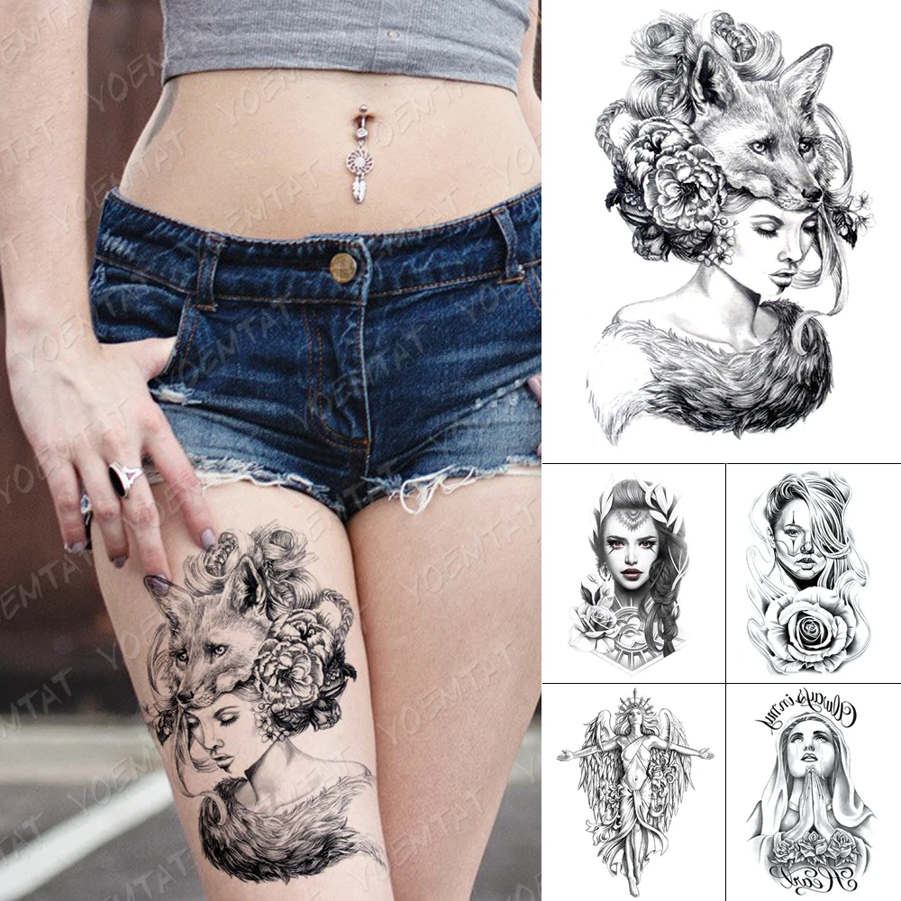 

Waterproof Temporary Tattoo Stickers Beauty Girl Fox Cat Tail Peony Flower Flash Tattoos Woman Arm Body Art Fake Tatoo Male