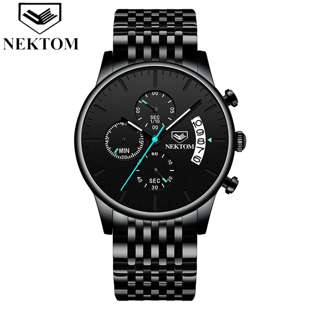 

NEKTOM Luxury Brand Fashon Business Watch Men Blue Hands Steel Quartz Waterproof Wrist Watches Steel Clock Relógio masculino