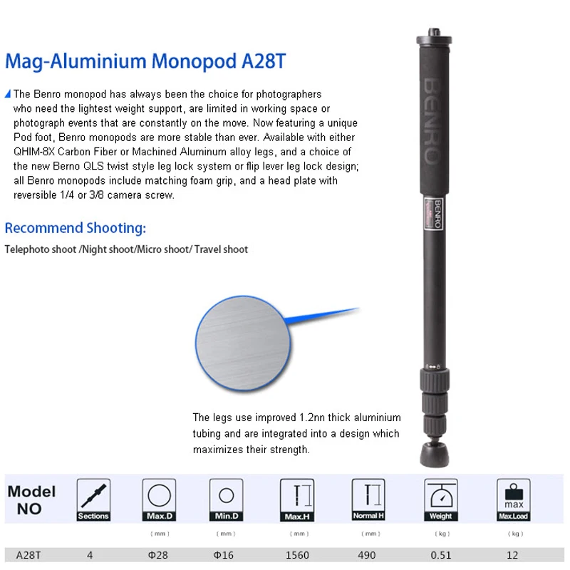 Máy Ảnh BENRO A28T Monopod Chuyên Nghiệp Nhôm Monopod Cho Camera Mà Không Cần 3 Chân Khóa Căn Cứ 4 Khớp Chịu Tải Max 12Kg DHL Miễn Phí Vận Chuyển