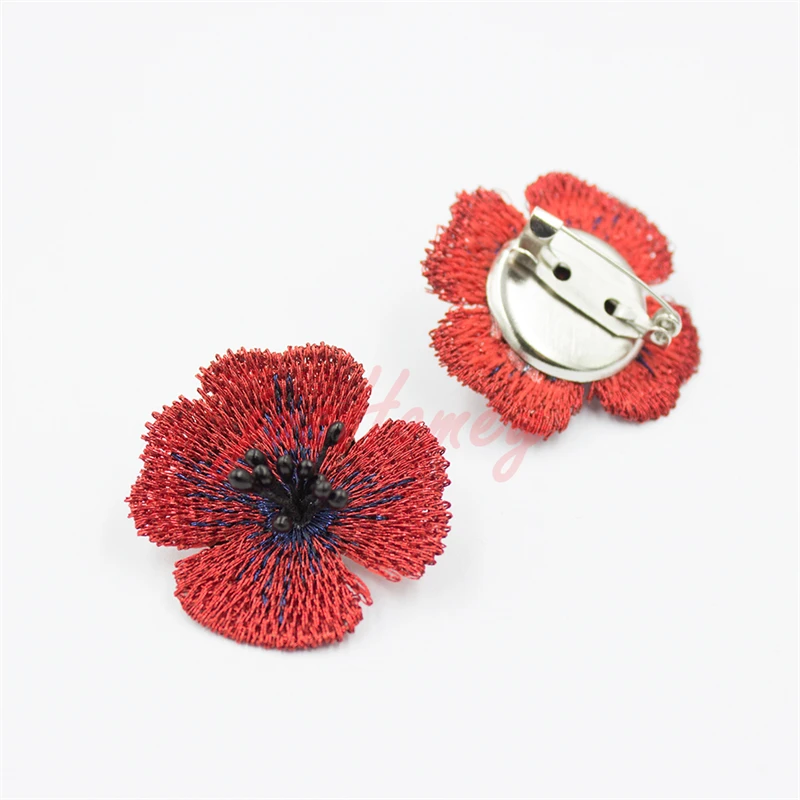 10pcs Handmade Red Embroidery Poppy Flower Round Brooch Base Safety Bar Pin Suit Boutonniere Vintage Mother's Day Gift