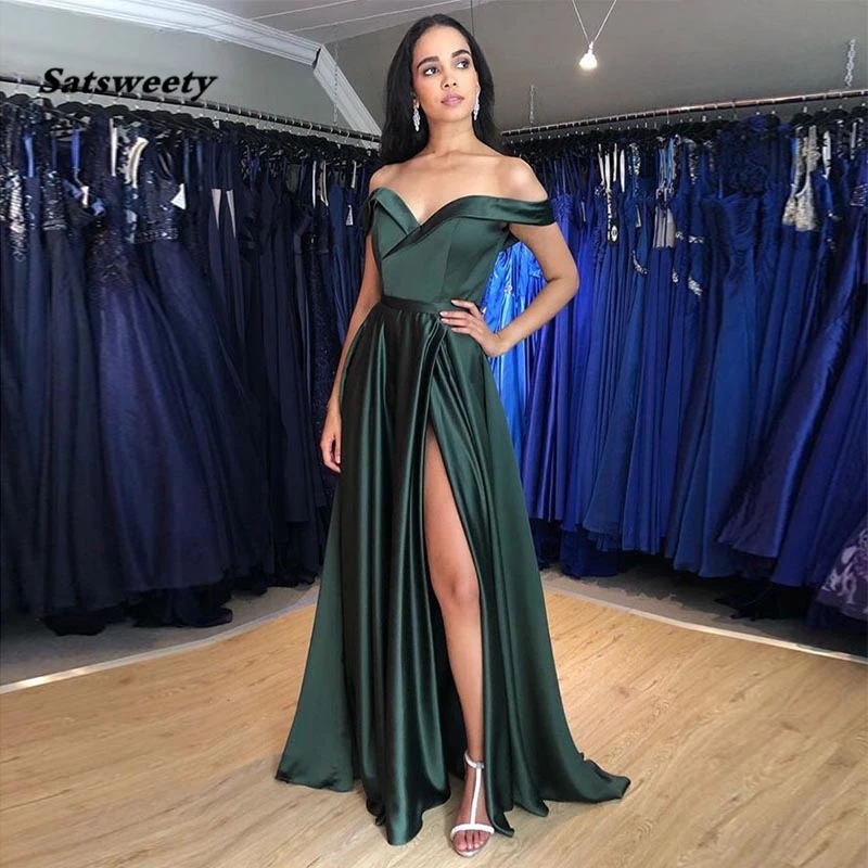 

Simple Long Prom Dress Off Shoulder Multi Color Front Split Robe De Soiree Forest Green Burgundy Special Occasion Party Gowns