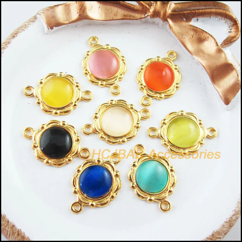 16Pcs Gold Plated Flower Mixed Cat eye Stone Charms Connectors 15x23mm