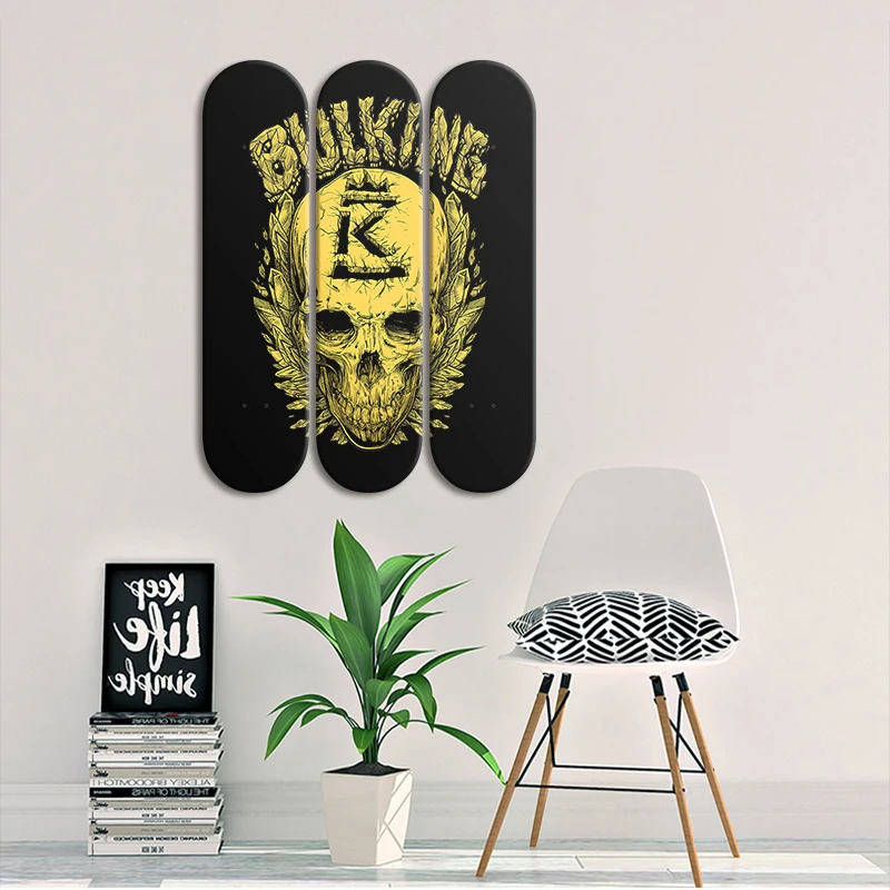 3pcs King Skull Skateboard Wall Mural Pop Art Pro-Grade Skate Deck Wall Plates for Bar Club Game Room Wall Decoration