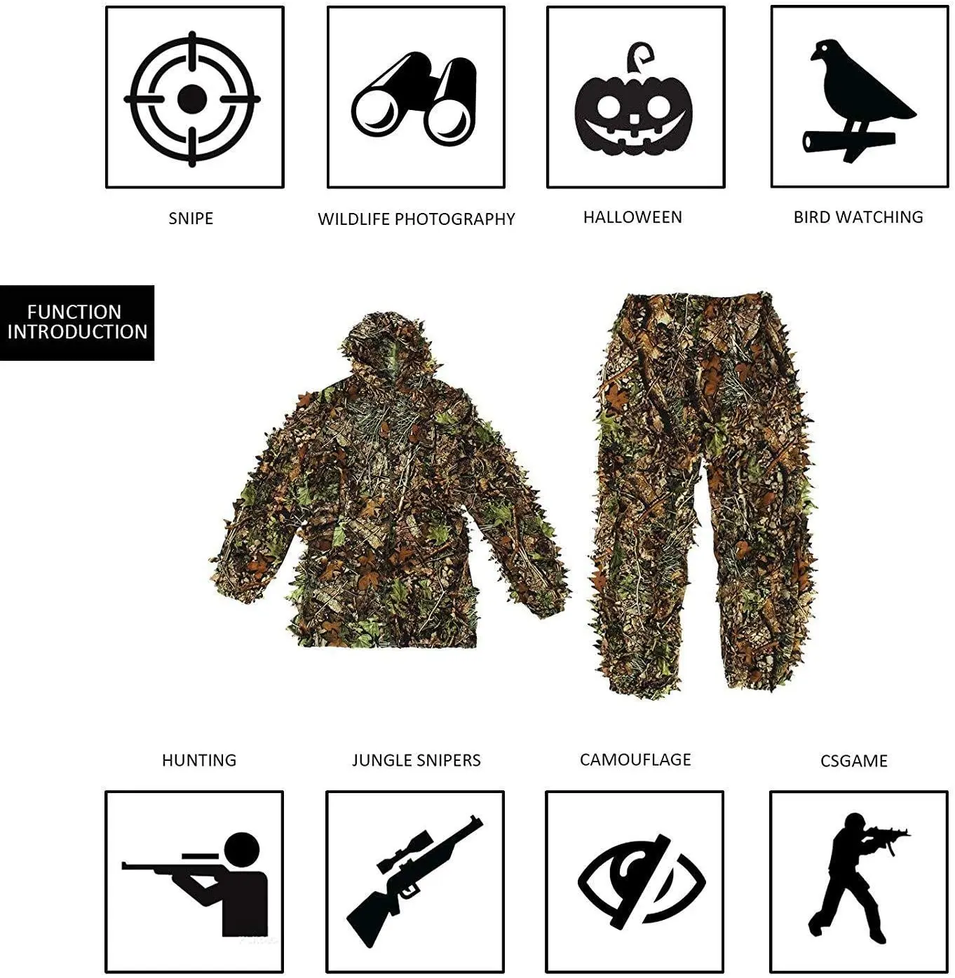 Traje Ghillie de camuflaje biónico de hoja de arce 3D para exteriores, conjunto de ropa ungle, pantalones, chaqueta con capucha para caza, juego CS, observación de aves, etc.