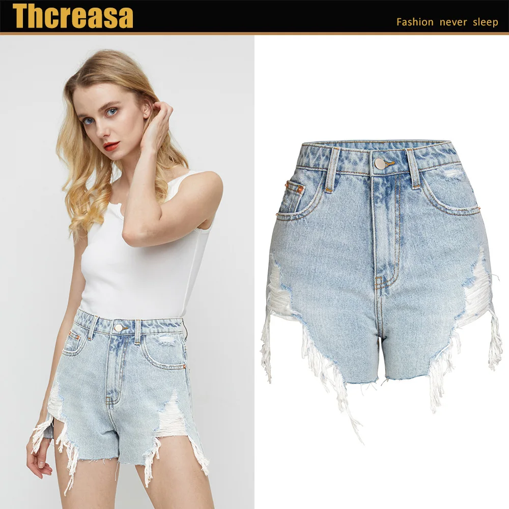 

European and American Women's Summer Wild High Waist Was Thin and Frayed Irregular Raw Denim Shorts Women