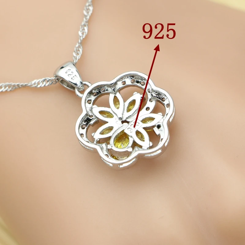 925 Silver Jewelry Sets For Women Wedding Accessories Yellow Cubic Zirconia Flower Shape Earring Pendant Necklace Ring Set