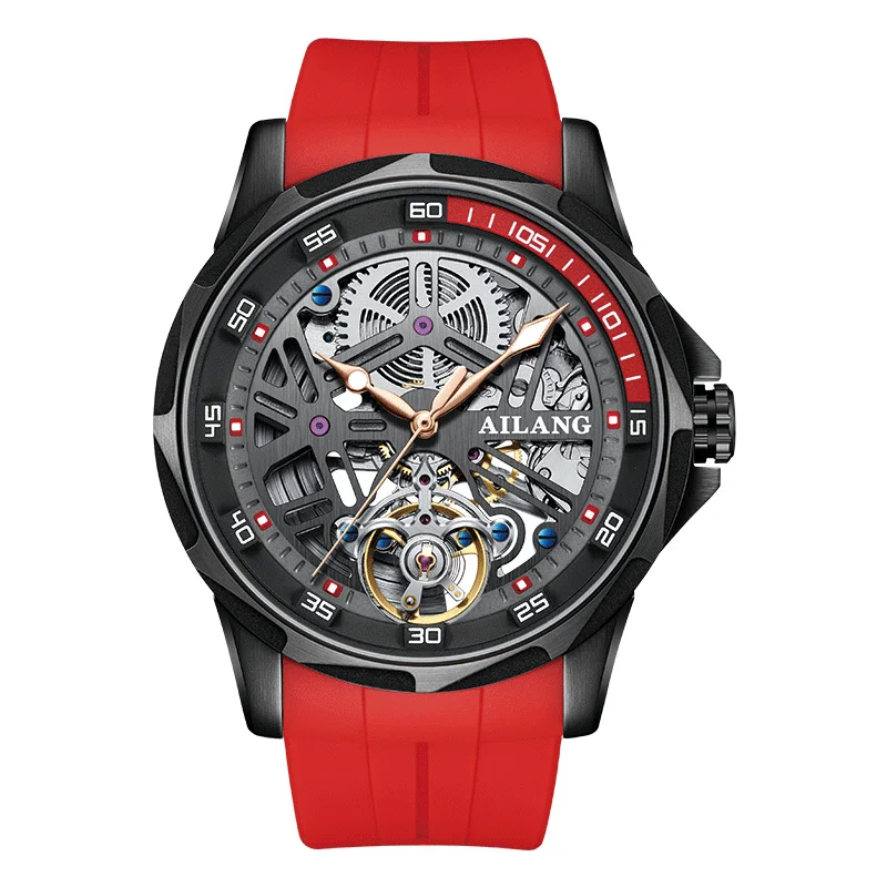 AILANG 2023 Fashion Design Tourbillon Men's Watch Waterproof Automatic Mechanical Watches Red Rubber Strap Relogios Masculinos