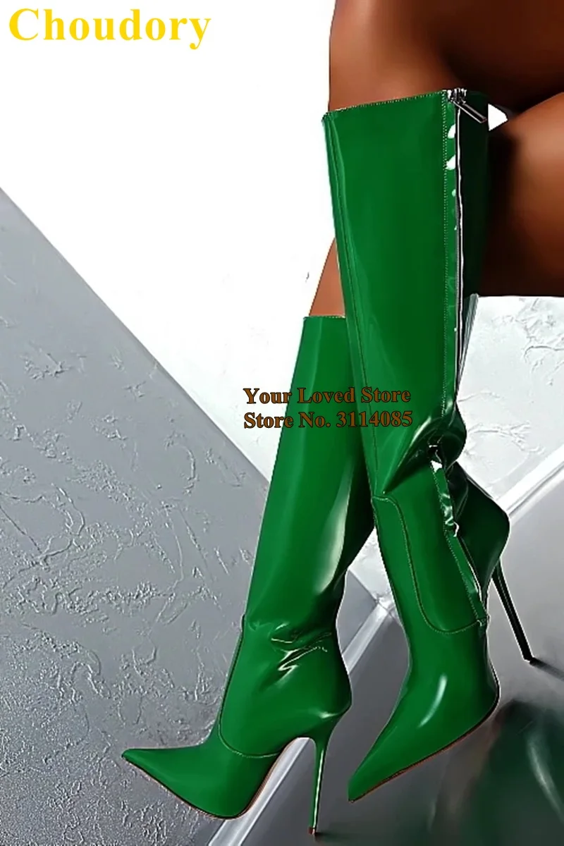 

Choudory Green Blue Patent Leather Pointed Toe Knee Boots Stiletto Heel Zipper Glossy Mirror Leather High Boots Size47 Dropship