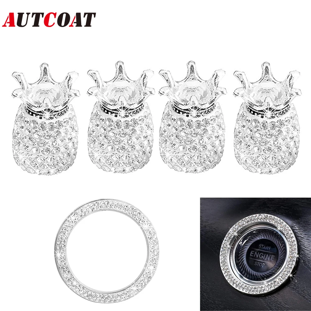 

AUTCOAT Valve Stem Caps 4PC Handmade Crystal Rhinestone DustCaps Universal Tire Valve, with 1PC Ring Emblem Engine Start Sticker