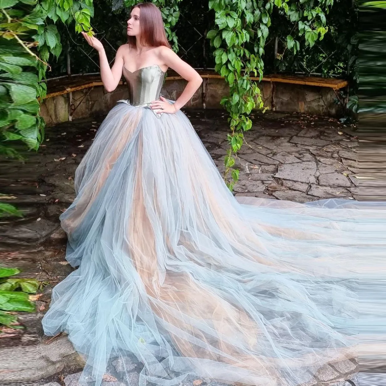 Silbrig Liebsten Schatz Top Prinzessin Kleid Lange Tüll A-Line Abendkleid Bunte Rauch Blau Prom Kleider Mit Zug