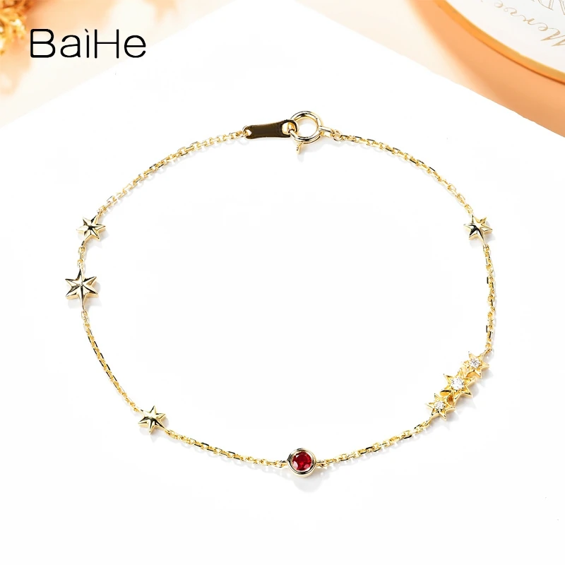 BAIHE Solid 18K Yellow Gold Natural Ruby Natural Diamond Star Bracelet Women Wedding Trendy Fine Jewelry pulseras mujer браслет