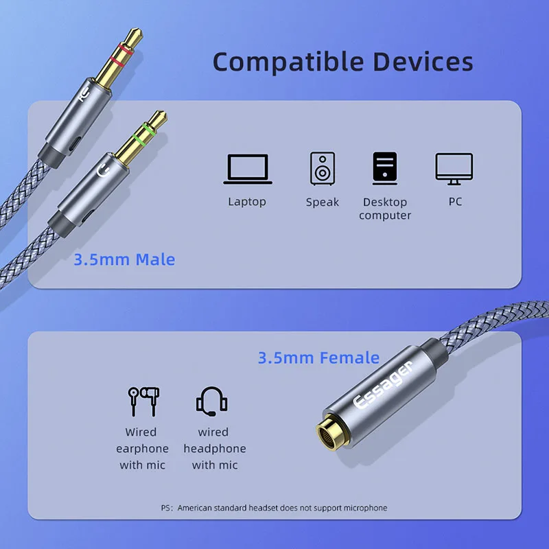 Essager Headphone Splitter Earphone Adapter Audio 3.5mm Female to 2 Male Jack Mic Y Splitter Aux Cable for PC Adapter Aux Cable