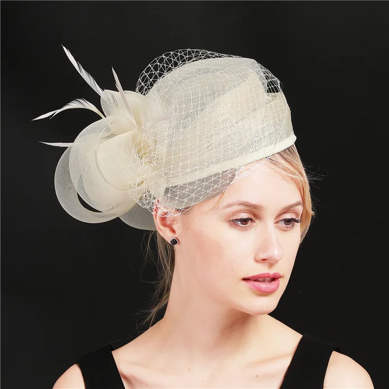 Women Big Derby Mesh Fascinator Weddings Dress Women Beautiful Headpiece Feather Flowers Vintage Ladies Sinamay Chapeau Cap