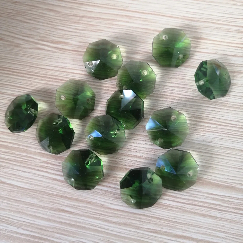 Camal 20pcs Grass Green 14mm Crystal Octagonal Loose Bead Two Holes Prisms Chandelier Lamp Parts Wedding Centerpiece Hanging