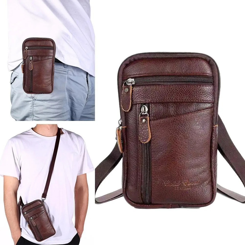 1pc Multi-purpose Casual Men Leather Phone Pouch Belt Bag Waist Purse Pack Fashion Zipper Anti-theft Crossbody Shoulder Bag