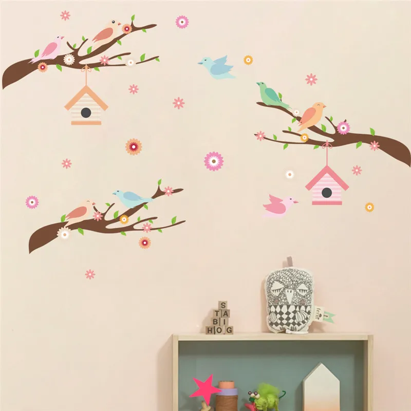 Lovely Bird Singing On Tree Branch Wall Sticker Kids Room Decoration Cartoon Safari Mural Art Home Decals Animal Poster