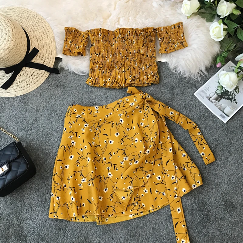 

Summer Beach Print Boat Neck Off Shoulder Short Sleeve Tops And High Waist Bandage Mini Skirts Two Pieces Set